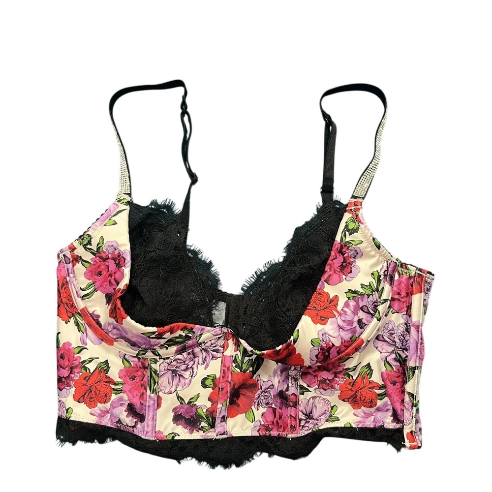 Victoria's Secret Corset Top Womens 34C Multicolor Floral Lace Satin Bustier